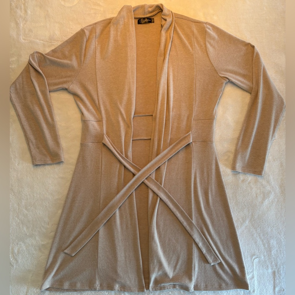 Chic Beige Long Sleeve Tie Waist Cardigan Stretchy & Soft Material Size Medium